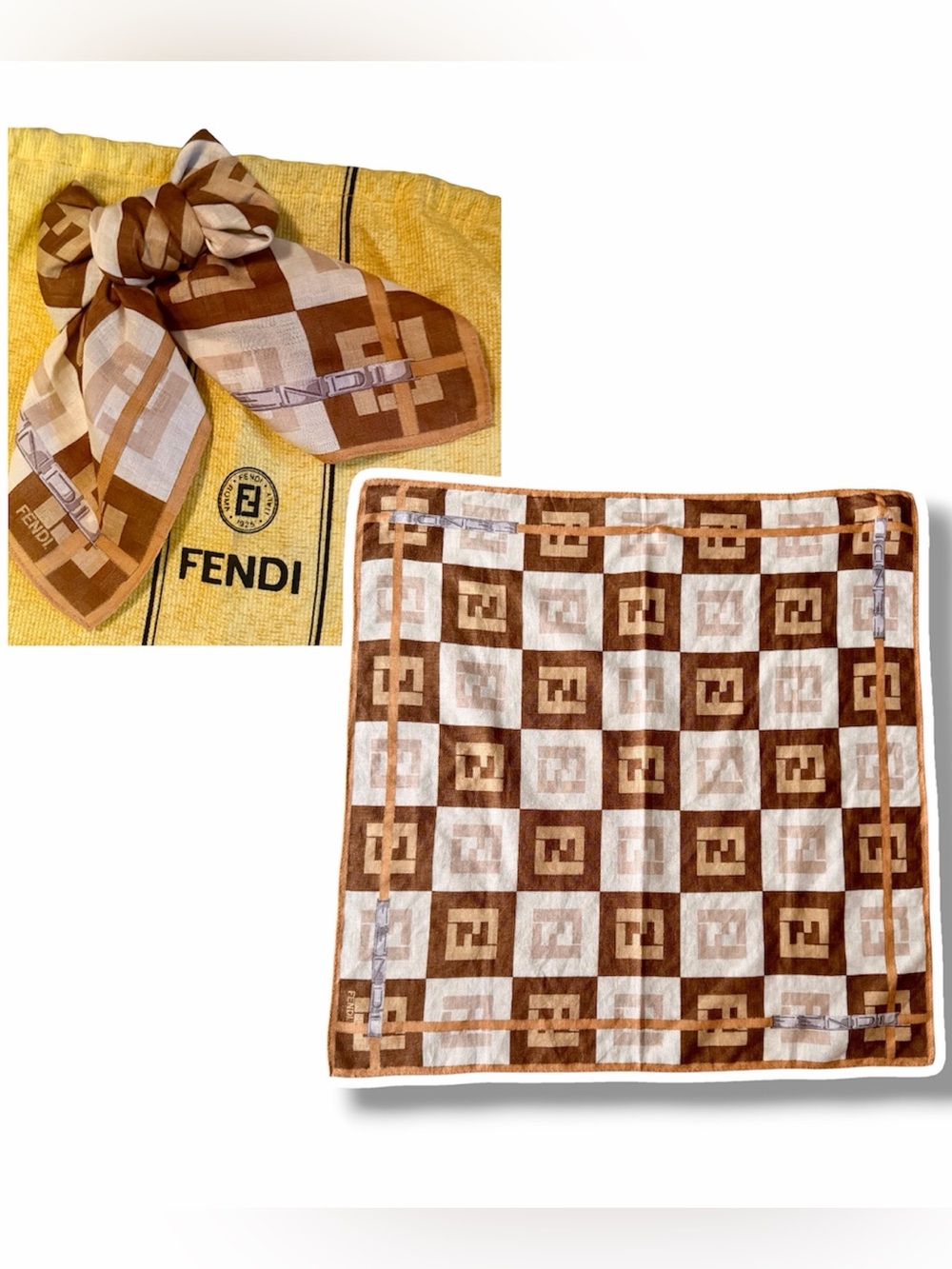 Fendi Brown & Cream Checkered FF Logo Scarf